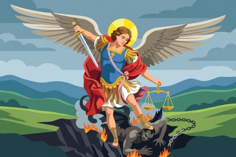 Humble Supplication à Saint Michel Archange - un archange tenant une épée de lumière triomphante pointée vers le bas